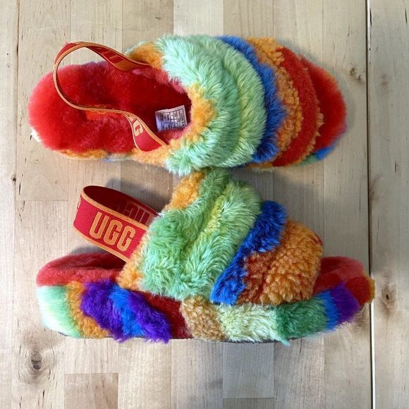 NWOT Ugg Womens Fluff Yeah Slide Cali Collage Rainbow Pride Slippers Sz 7 - Picture 1 of 10